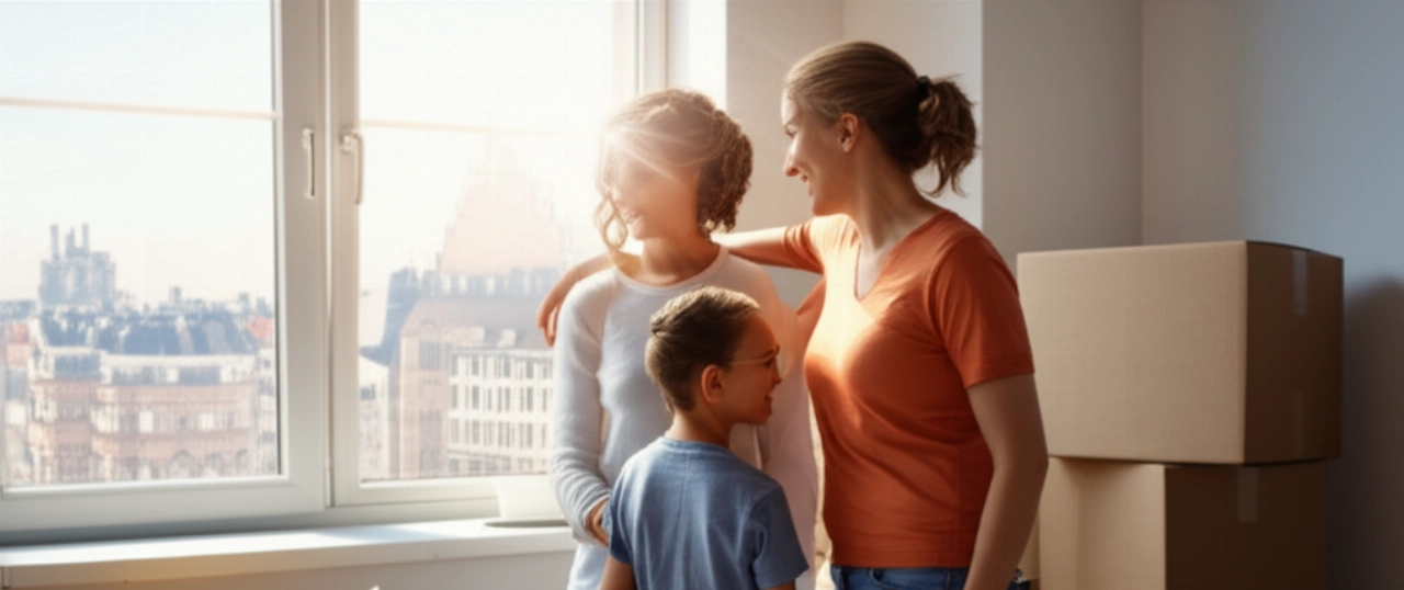 Feliz familia caucásica sonríe en su nuevo apartamento en Bélgica, rodeada de cajas de mudanza, con vistas a una ciudad belga.