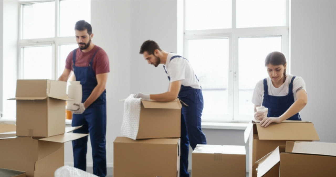 Dos mudanceros profesionales caucásicos empacando cuidadosamente artículos frágiles en cajas, mostrando atención al detalle y organización.
