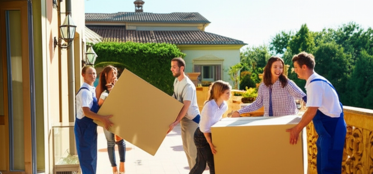Una familia caucásica sonriente mientras mudanceros profesionales descargan sus pertenencias en una hermosa villa italiana, simbolizando una llegada serena.