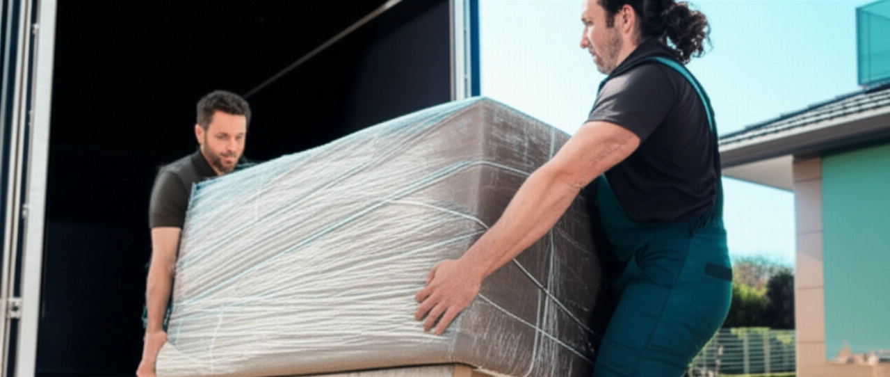 Dos mudanceros caucásicos profesionales transportan cuidadosamente un mueble grande envuelto, mostrando eficiencia y precisión durante una mudanza.