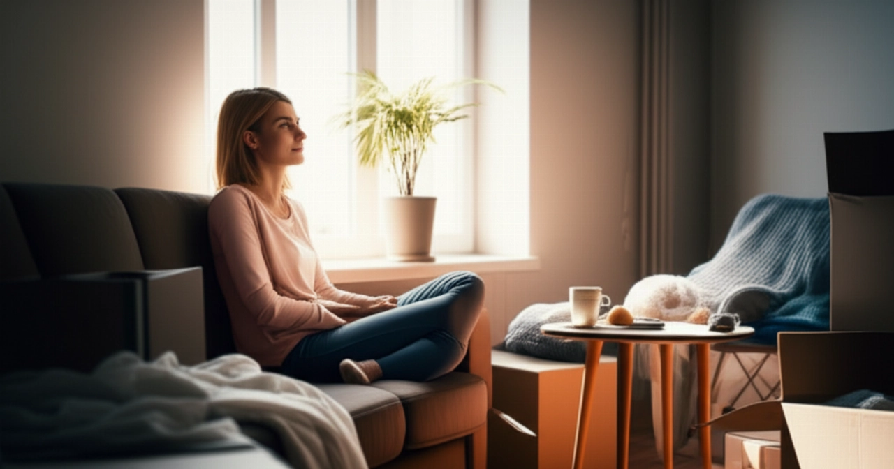 Una mujer caucásica se relaja en un sofá en su nuevo hogar, rodeada de cajas parcialmente abiertas, disfrutando de un momento de paz después de la mudanza.