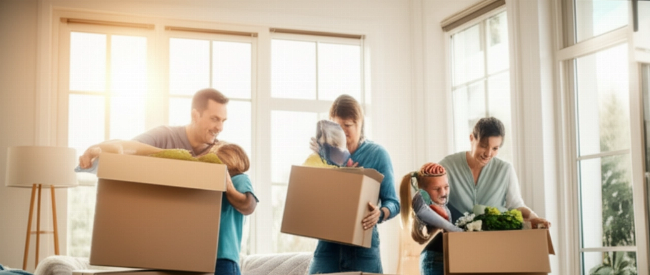 Feliz familia caucásica desempacando cajas en su nuevo hogar luminoso, simbolizando un nuevo comienzo.