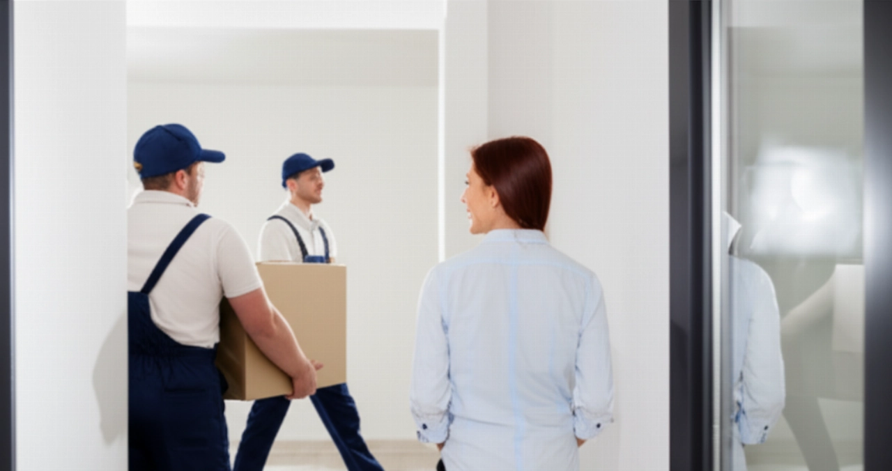 Dos mudanceros caucásicos profesionales transportando cuidadosamente una caja, con una clienta caucásica satisfecha, destacando la eficiencia y el cuidado en las mudanzas económicas.