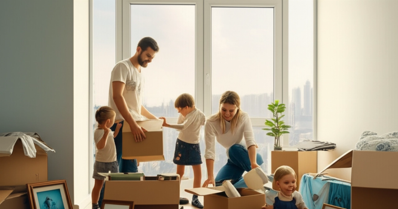 Una familia caucásica desempaca felizmente en un nuevo apartamento luminoso, con un horizonte urbano extranjero visible desde la ventana, simbolizando una reubicación internacional exitosa y un nuevo comienzo.