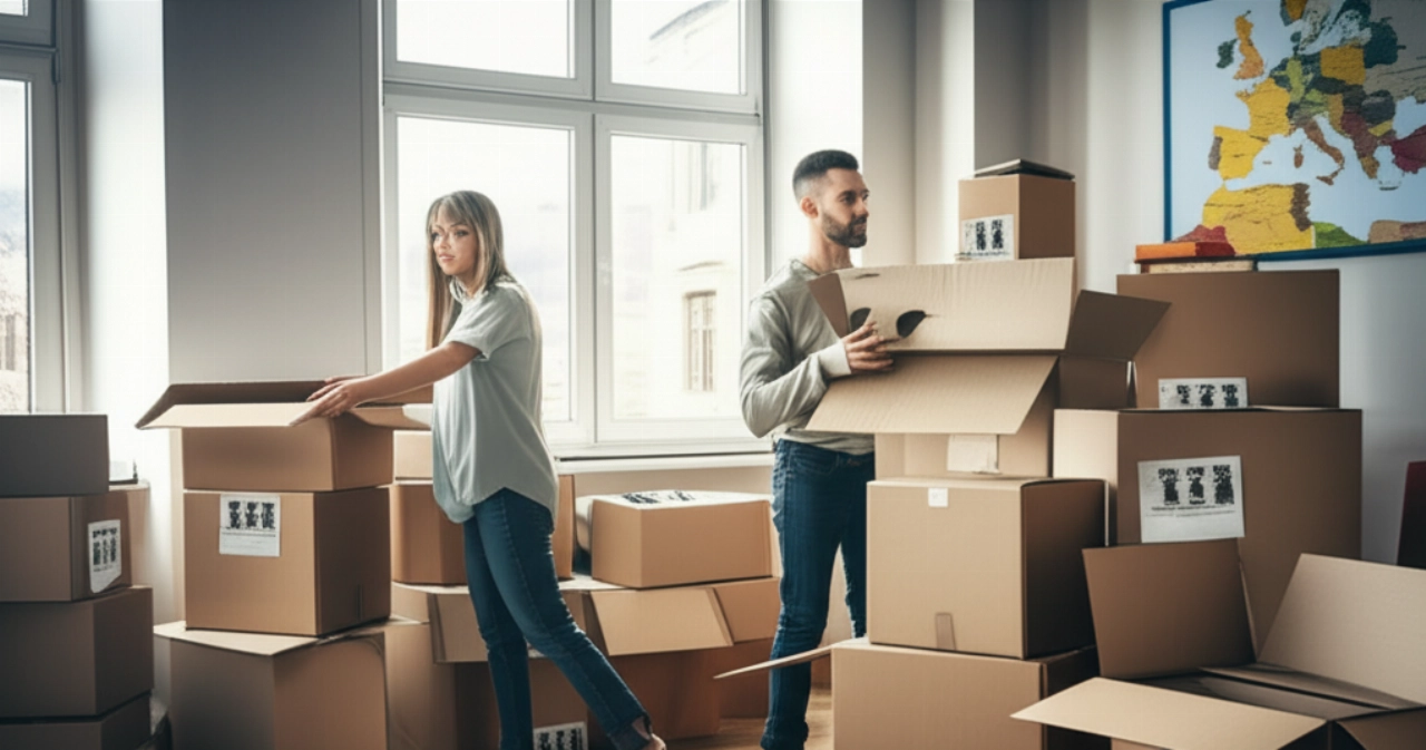 Una pareja caucásica empaca cuidadosamente cajas de mudanza en un luminoso apartamento europeo, con un mapa de Europa de fondo, simbolizando la organización para una mudanza internacional.