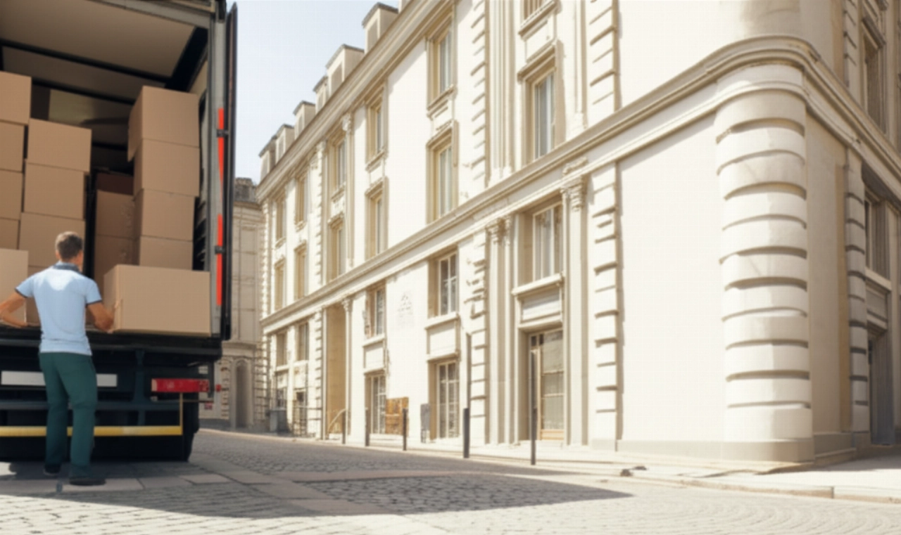 Mudanceros caucásicos descargan cajas de un camión en una calle europea con edificios clásicos, simbolizando una llegada eficiente a un nuevo hogar.