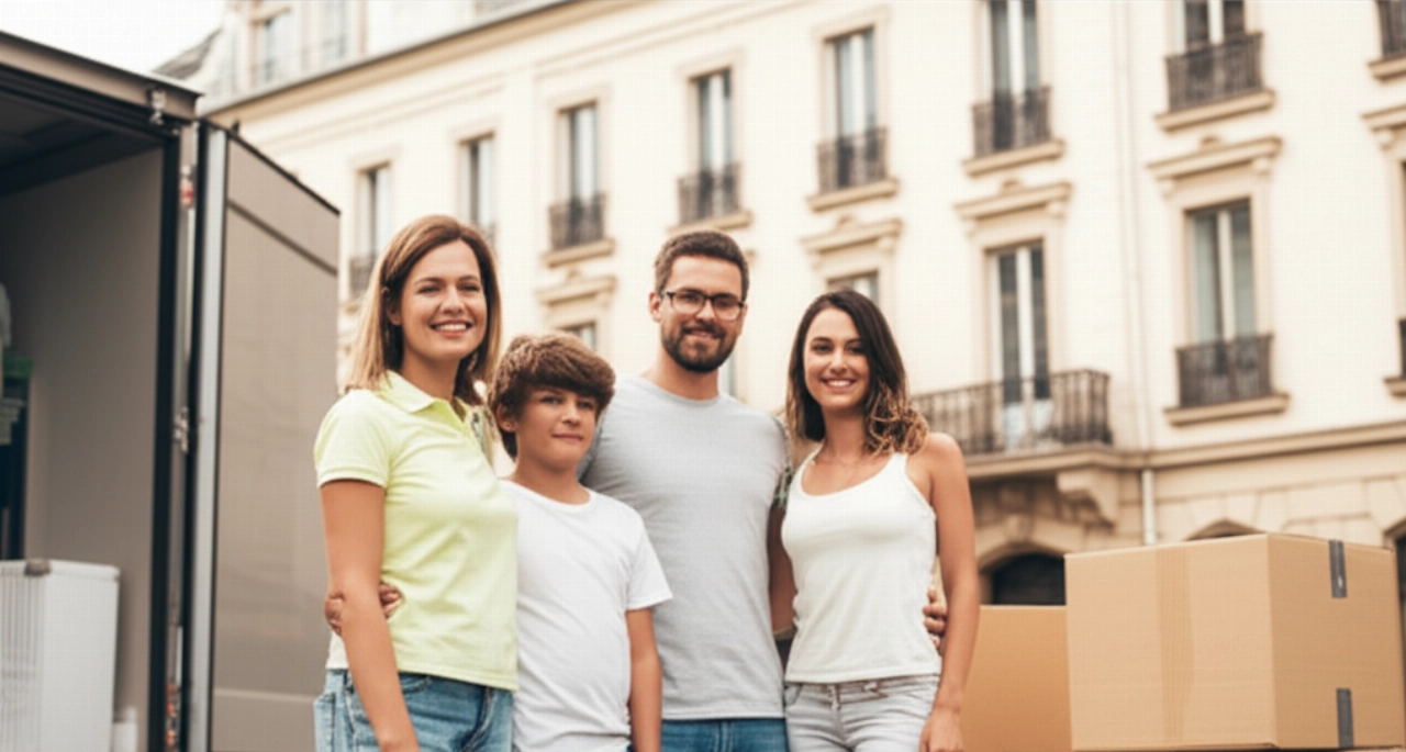 Una feliz familia caucásica sonríe frente a su nueva casa europea con cajas y un camión de mudanzas al fondo, simbolizando un nuevo comienzo sereno.