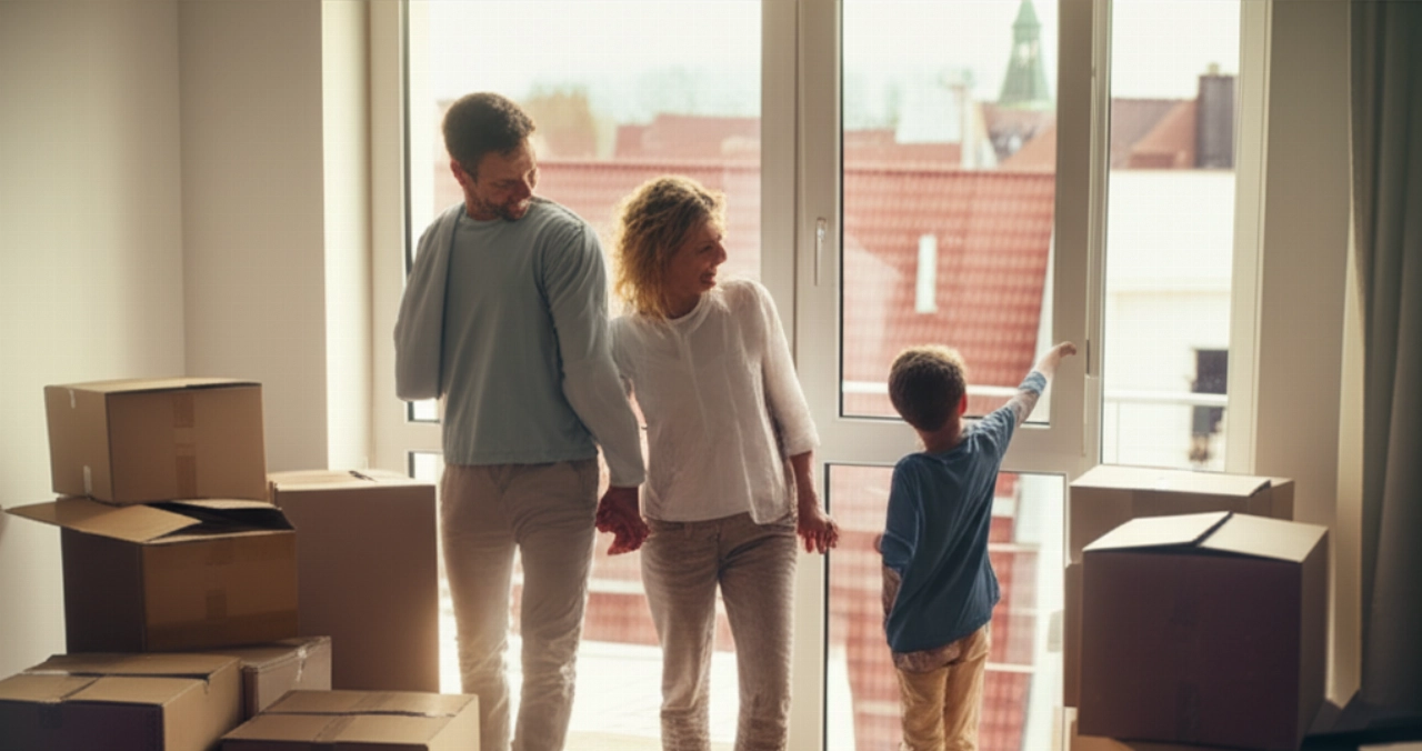 Familia caucásica feliz en un nuevo apartamento en Alemania, rodeada de cajas, con vistas a la ciudad.