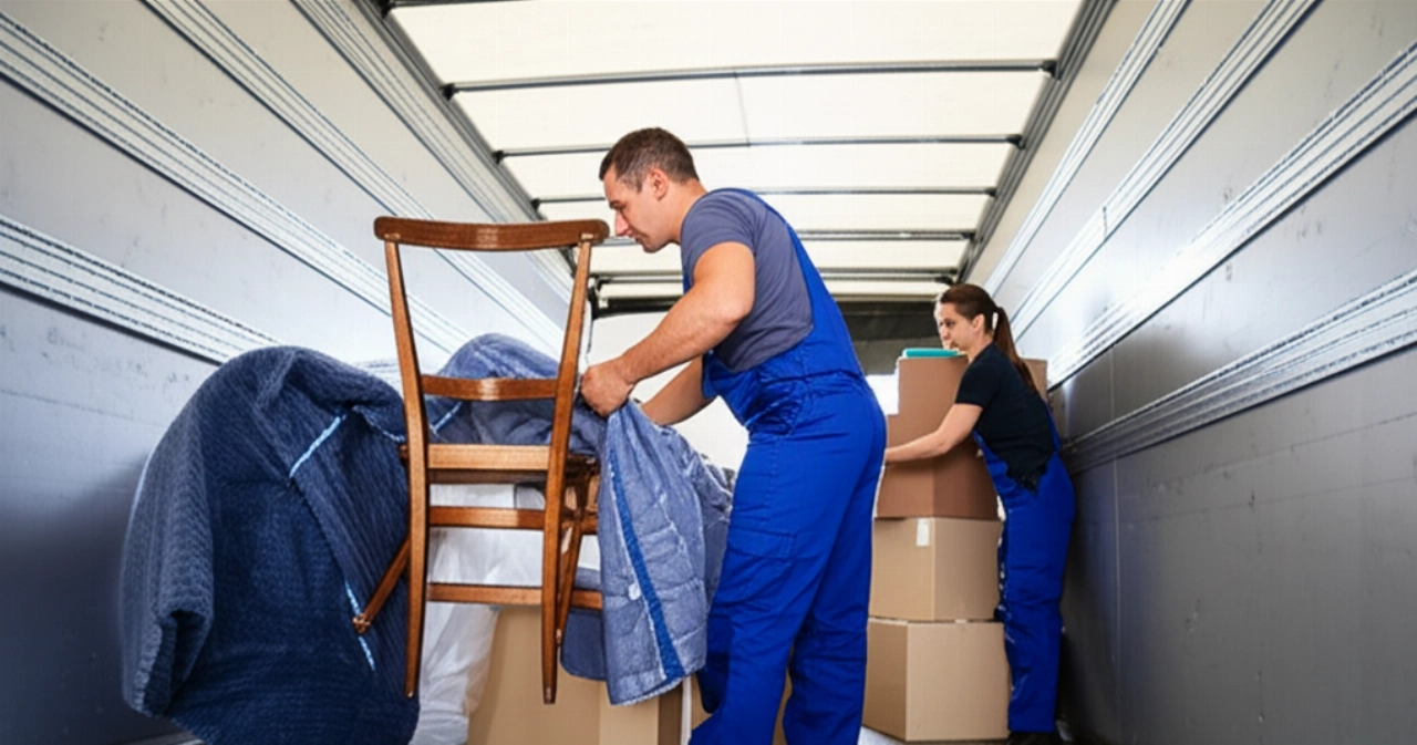 Mudanzas caucásicos profesionales empacando muebles y etiquetando cajas dentro de un camión o almacén.