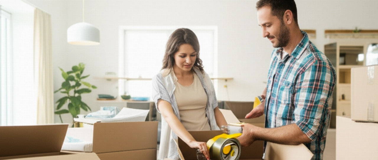 Una pareja caucásica preparando y sellando cuidadosamente cajas para una mudanza internacional.