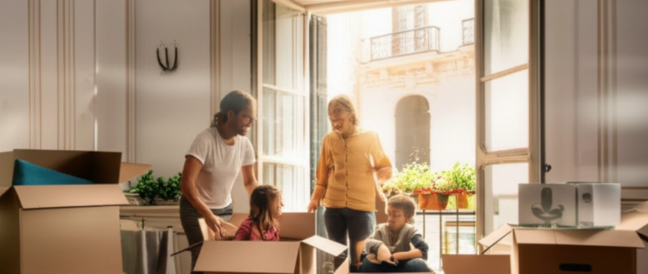 Familia caucásica feliz desempacando en un luminoso apartamento español, con cajas y luz solar entrando por la ventana.