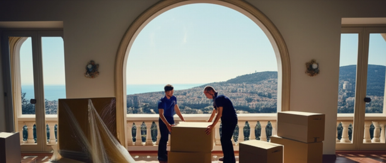 Mudanceros caucásicos profesionales trabajando en una elegante casa española, con vista panorámica a una ciudad costera española.