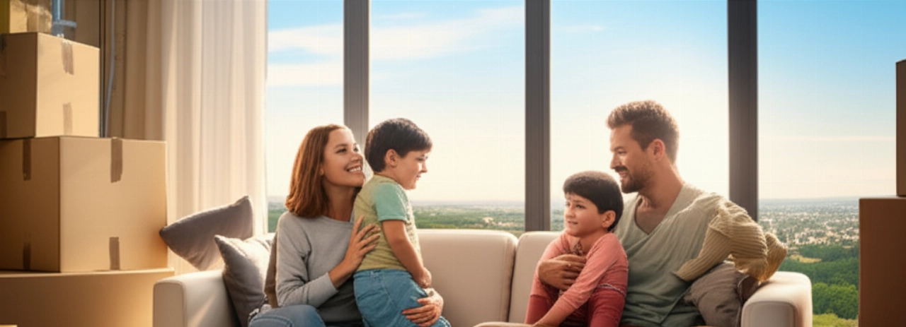 Una feliz familia caucásica se relaja en su nuevo salón, con cajas de mudanza y una vista impresionante del paisaje italiano desde la ventana.