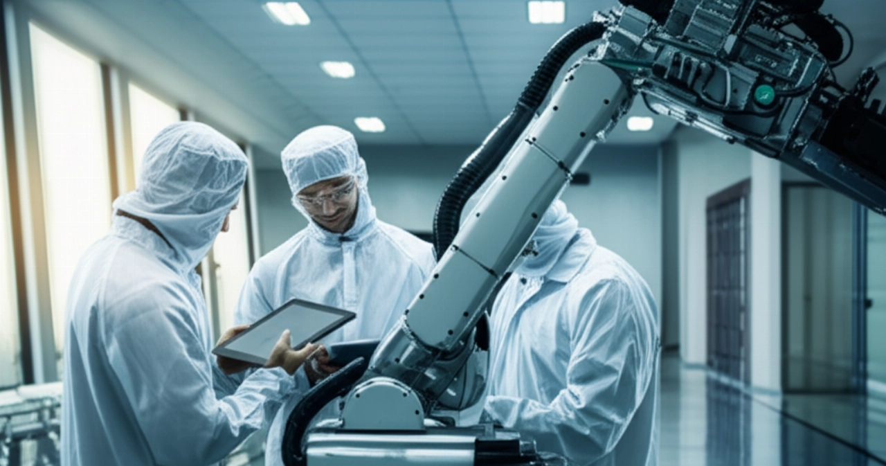 Tecnología industrial de vanguardia preparada para el traslado en un entorno limpio, con técnicos caucásicos realizando las comprobaciones finales.