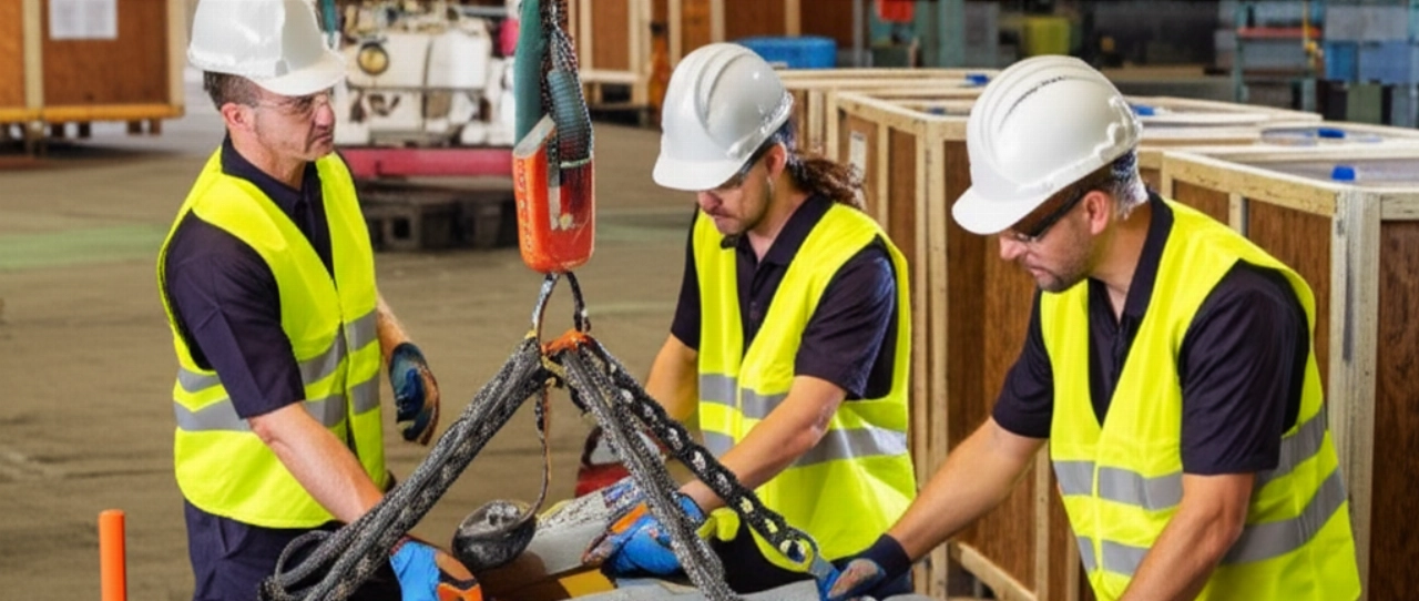 Equipo de especialistas caucásicos trabajando juntos para asegurar un componente pesado, demostrando seguridad y trabajo en equipo en un área de carga industrial.