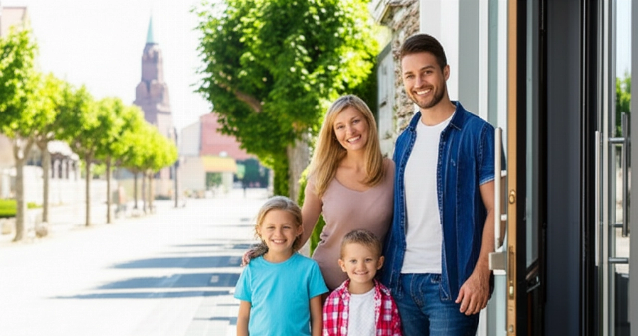 Una feliz familia caucásica sonríe frente a su nuevo hogar en una ciudad europea, con una caja de mudanza parcialmente abierta.
