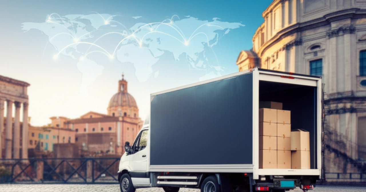 Camión profesional de mudanzas internacionales estacionado en una calle histórica romana, con un mapa mundial estilizado que simboliza el alcance global.
