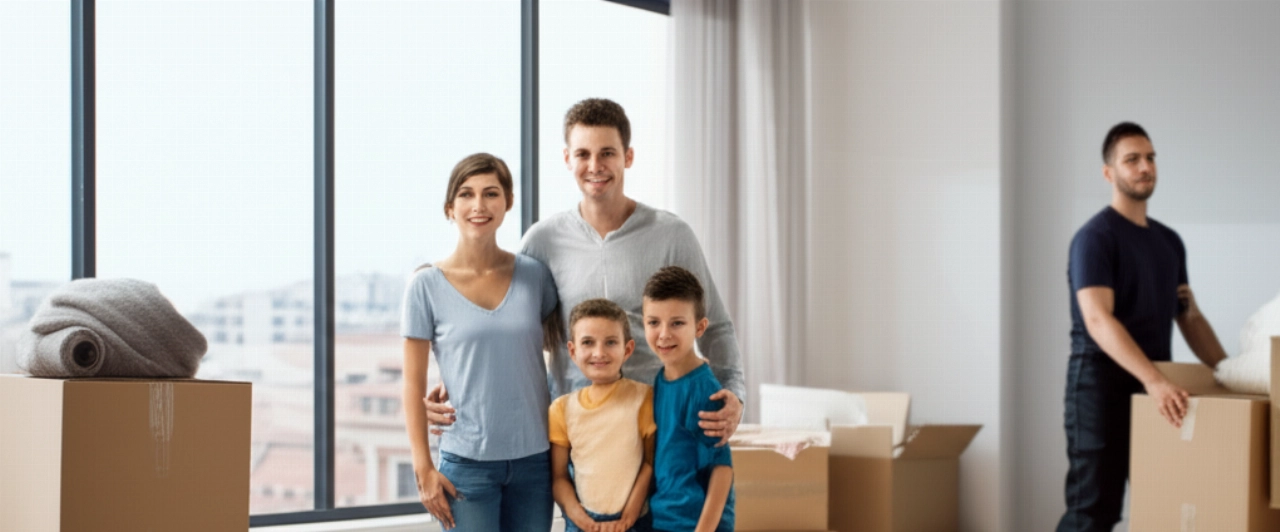 Familia caucásica feliz y relajada en un nuevo hogar, con cajas de mudanza parcialmente abiertas, simbolizando un comienzo sin problemas después de una mudanza internacional.