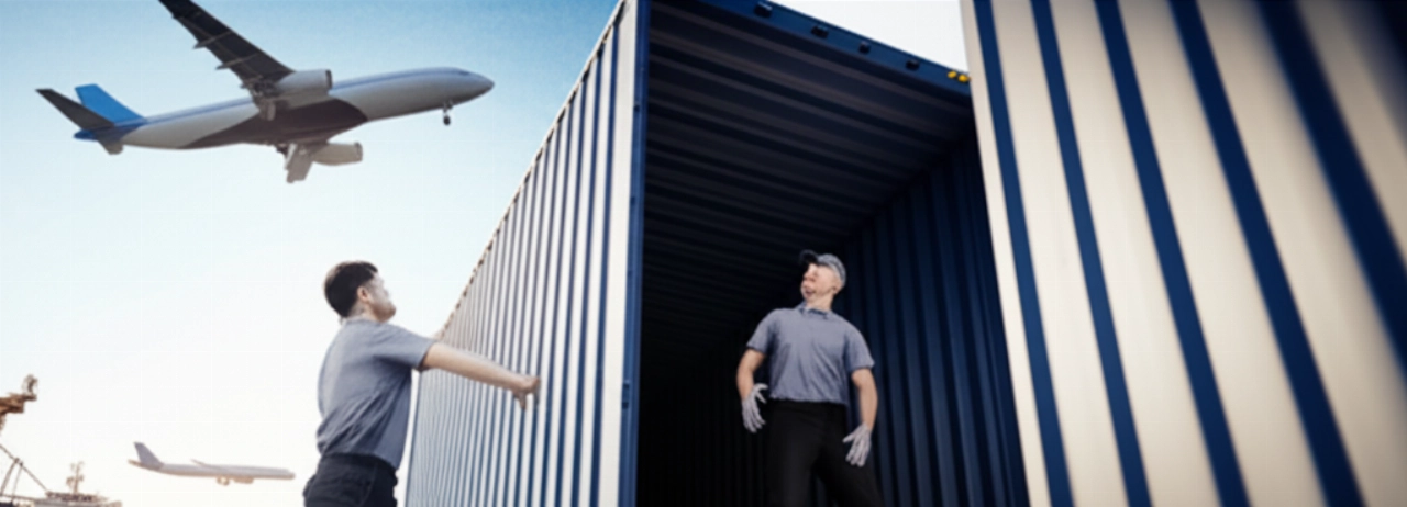 Mudanceros caucásicos profesionales cargan cuidadosamente un contenedor en un puerto internacional, simbolizando mudanzas internacionales eficientes y económicas.
