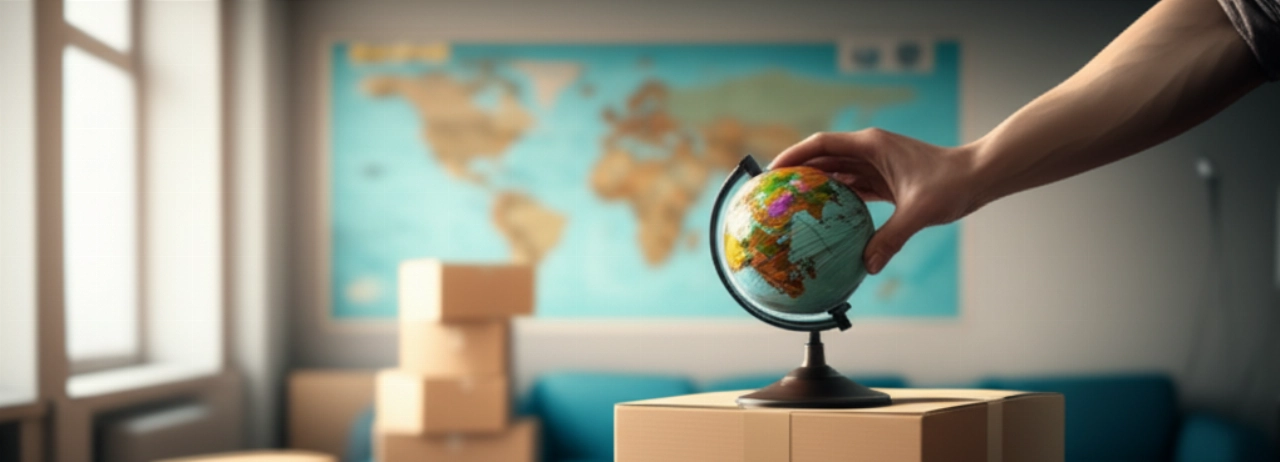 Mano colocando un globo terráqueo sobre cajas de mudanza, con un mapa del mundo de fondo, evocando mudanzas internacionales sencillas y organizadas.