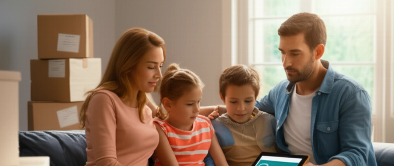Una familia caucásica en una sala de estar moderna consultando una tableta para presupuestos de mudanzas internacionales, con cajas ordenadas al fondo, simbolizando facilidad y transparencia.