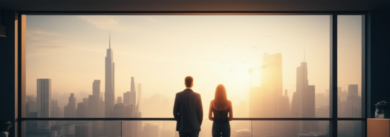 Una persona caucásica en un balcón admirando una vista panorámica de una ciudad internacional al atardecer, con equipaje, evocando la sensación de un nuevo comienzo después de una mudanza.