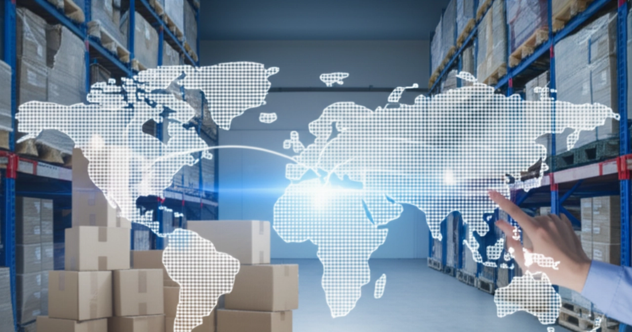 Cajas de mudanzas internacionales con etiquetas de Roma en un almacén, con un mapa mundial que muestra una ruta global, simbolizando la logística internacional.