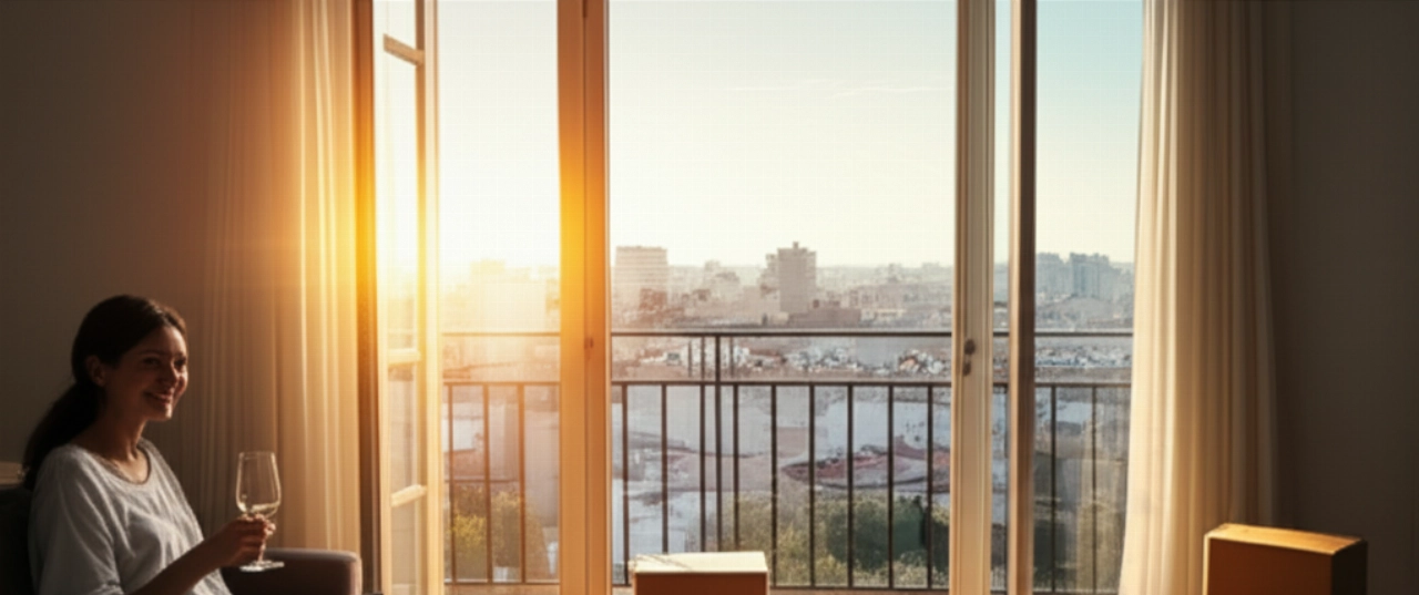 Mujer caucásica relajándose en su nuevo apartamento español después de una mudanza internacional, con vista a la ciudad.