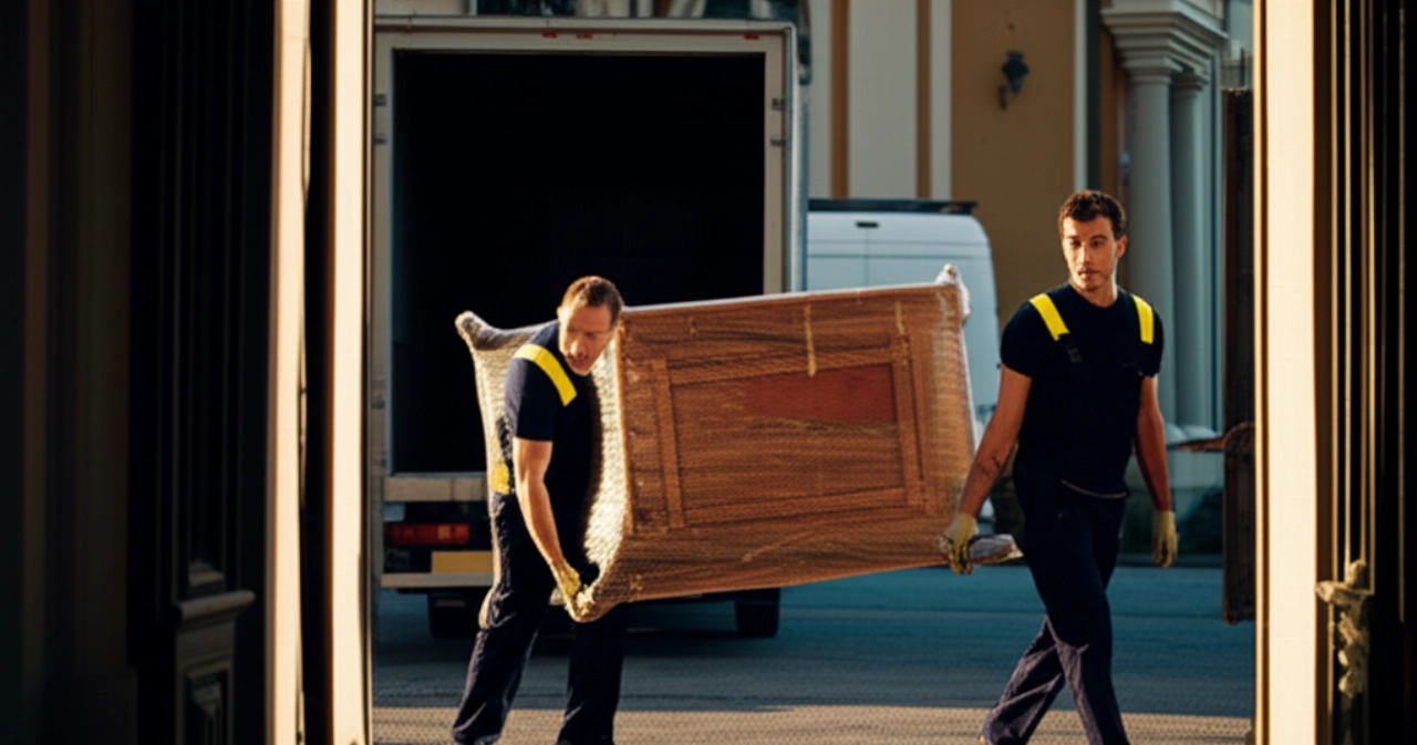 Mudanceros profesionales caucásicos cargando cuidadosamente muebles valiosos de una villa italiana, simbolizando un servicio de mudanza internacional Italia-Europa.