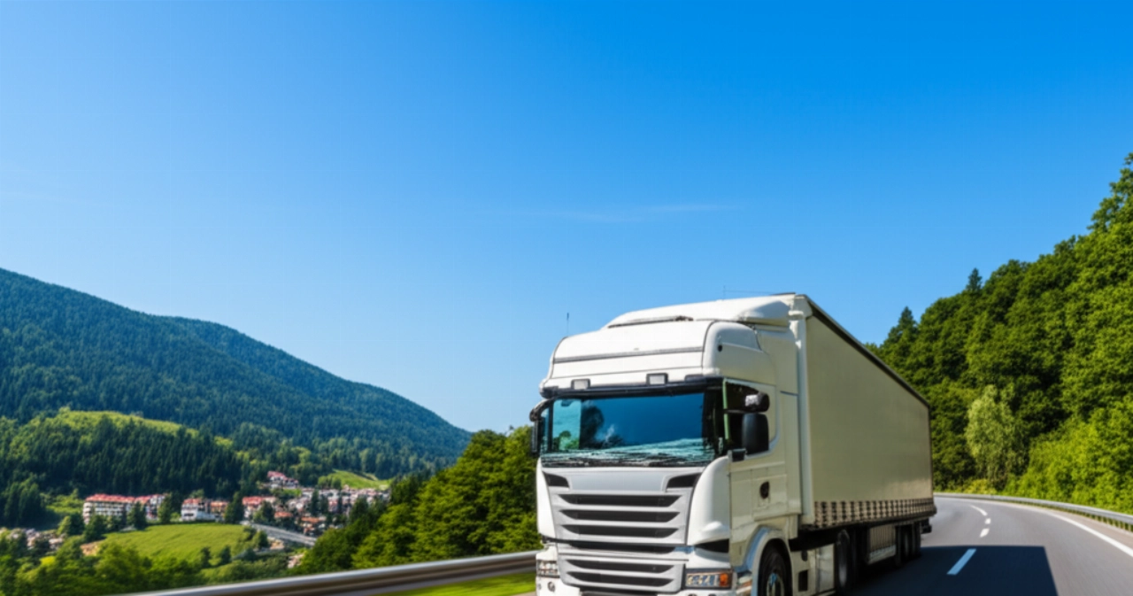 Un gran camión blanco de mudanzas viaja por una autopista europea a través de un paisaje montañoso verde y pintoresco, simbolizando un viaje internacional.