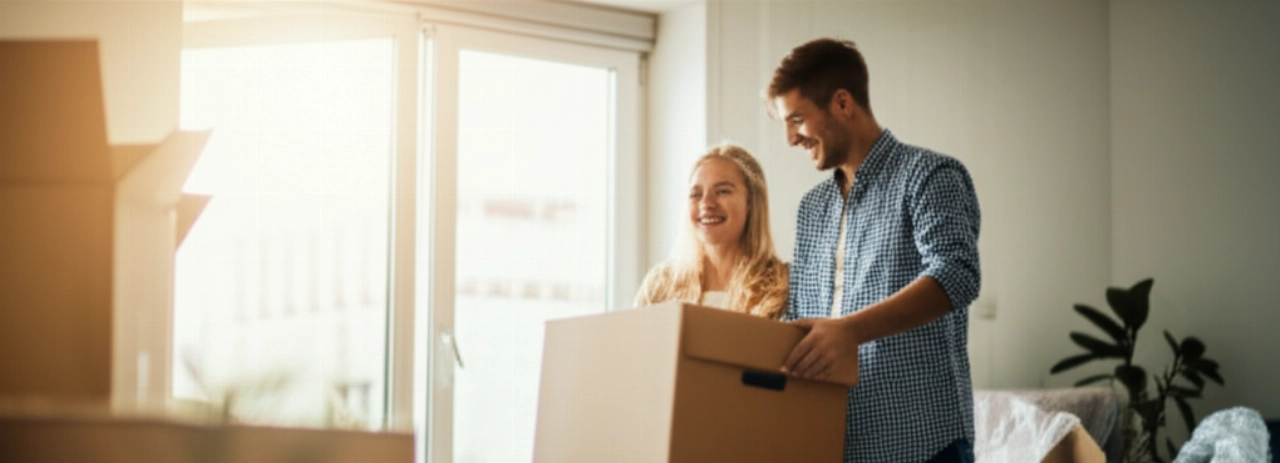 Una feliz pareja caucásica desempaca cajas en su nuevo hogar moderno y luminoso, con la luz del sol entrando por una gran ventana.
