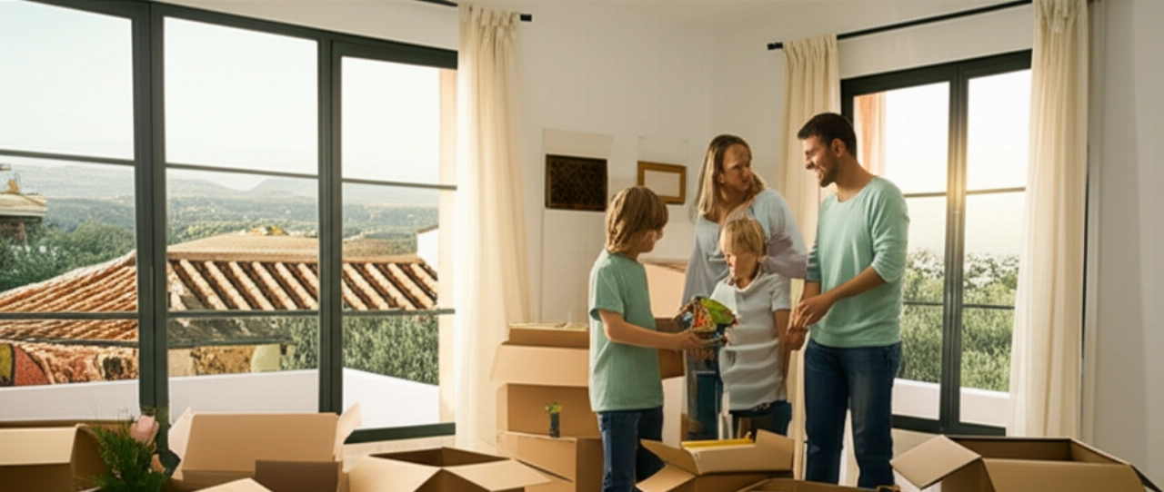 Una familia caucásica sonriente desempaca cajas en una luminosa sala de estar de su nuevo hogar en España, con vistas a una ciudad española.