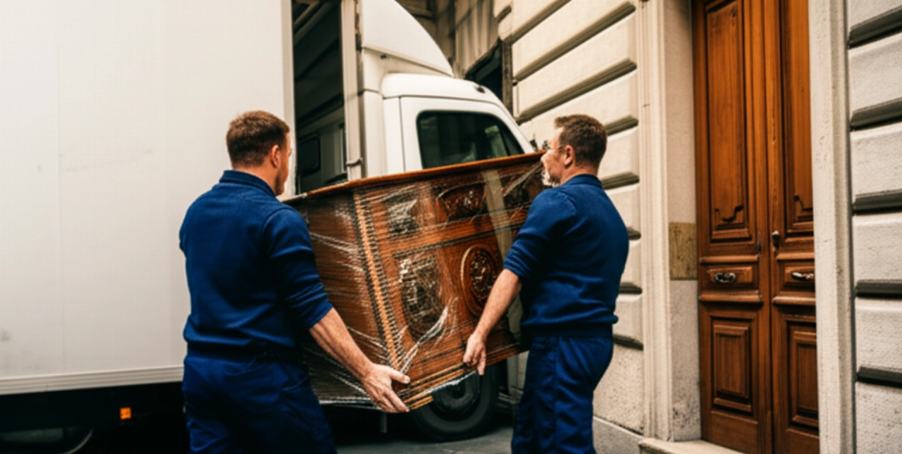Dos mudanceros profesionales caucásicos transportan con cuidado un mueble antiguo desde un edificio italiano hacia un camión, al atardecer.