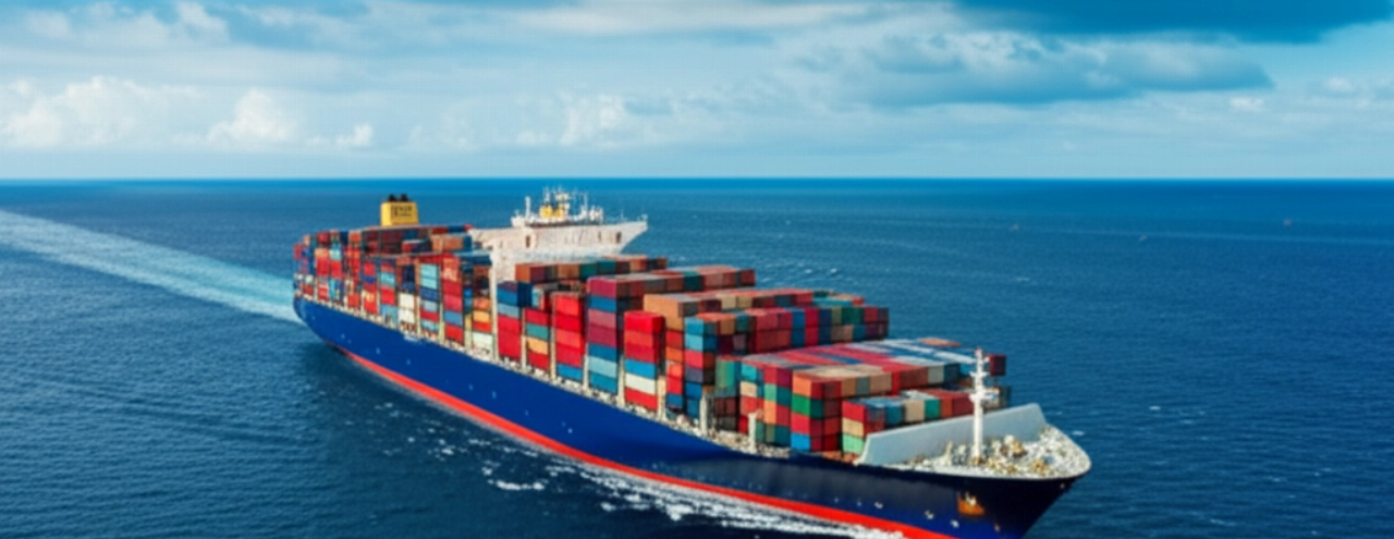 Un gigantesco buque de carga lleno de contenedores cruza un vasto océano, simbolizando los largos viajes de las mudanzas internacionales entre Italia y Sudamérica.