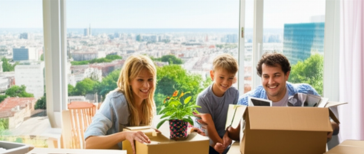 Una familia caucásica sonríe mientras desempaca cajas en un nuevo hogar en Sudamérica, con una vibrante vista de la ciudad a través de la ventana, celebrando un nuevo comienzo.