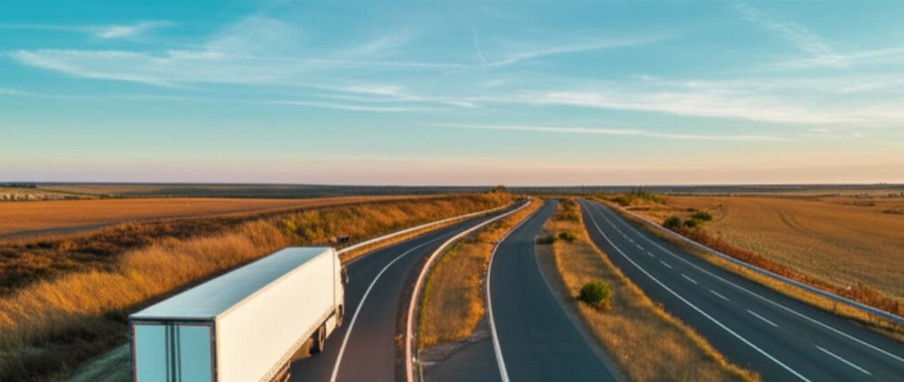 Un moderno camión de mudanzas en una carretera panorámica, que simboliza un viaje de larga distancia a través de un vasto paisaje.