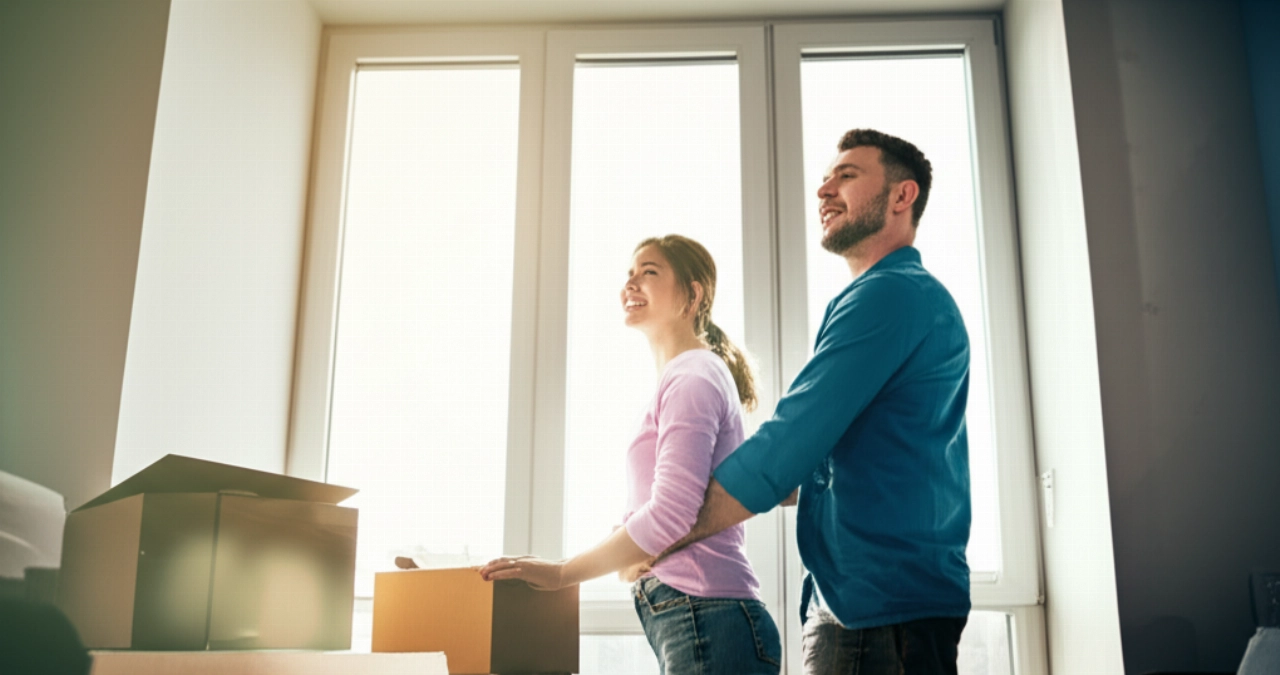 Una feliz pareja caucásica sonríe en un apartamento nuevo y luminoso, con cajas parcialmente vacías que sugieren una mudanza recién completada.