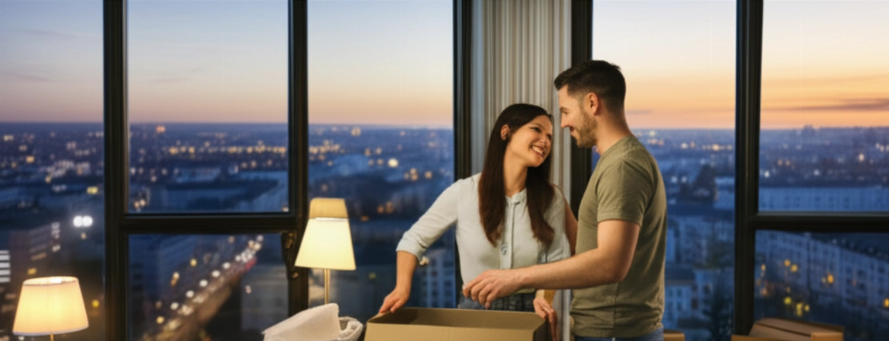 Feliz pareja caucásica desempacando en un espacioso apartamento nuevo, con vista a un horizonte urbano europeo.