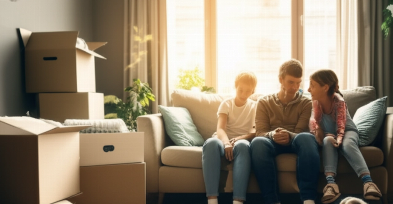Familia caucásica feliz y relajada en su nueva sala de estar parcialmente desempacada después de una mudanza.