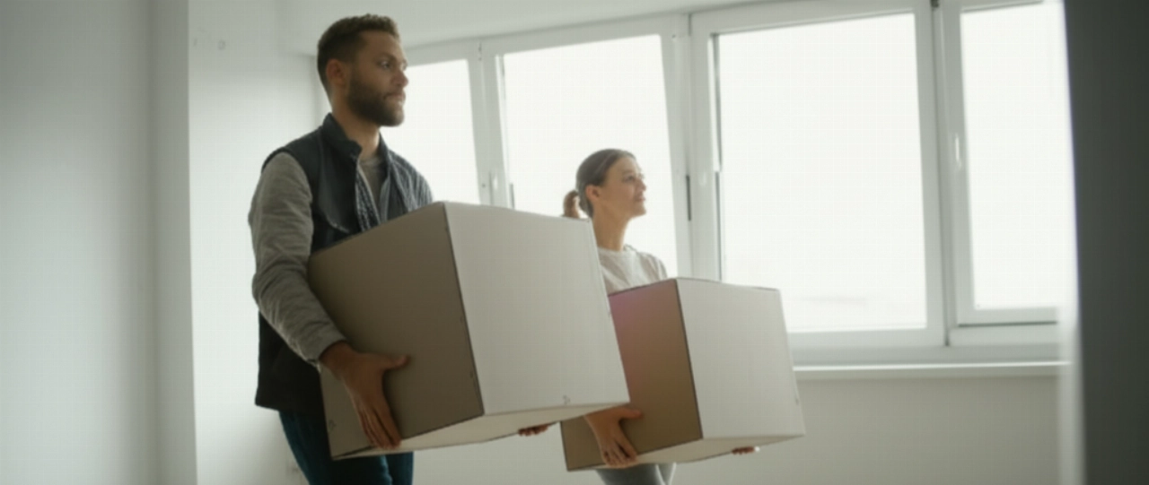 Dos personas caucásicas colaboran con eficiencia al transportar cajas a un nuevo apartamento luminoso, reflejando una mudanza organizada y sin contratiempos.