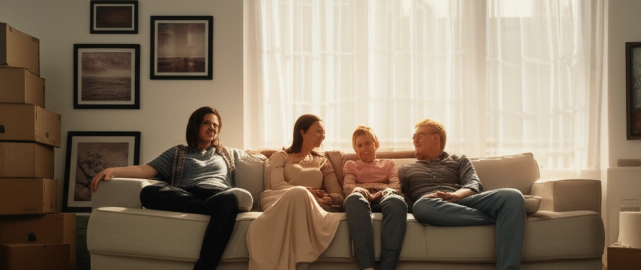 Una familia caucásica se relaja felizmente en el sofá de su nueva sala de estar, disfrutando de la tranquilidad después de una mudanza exitosa.