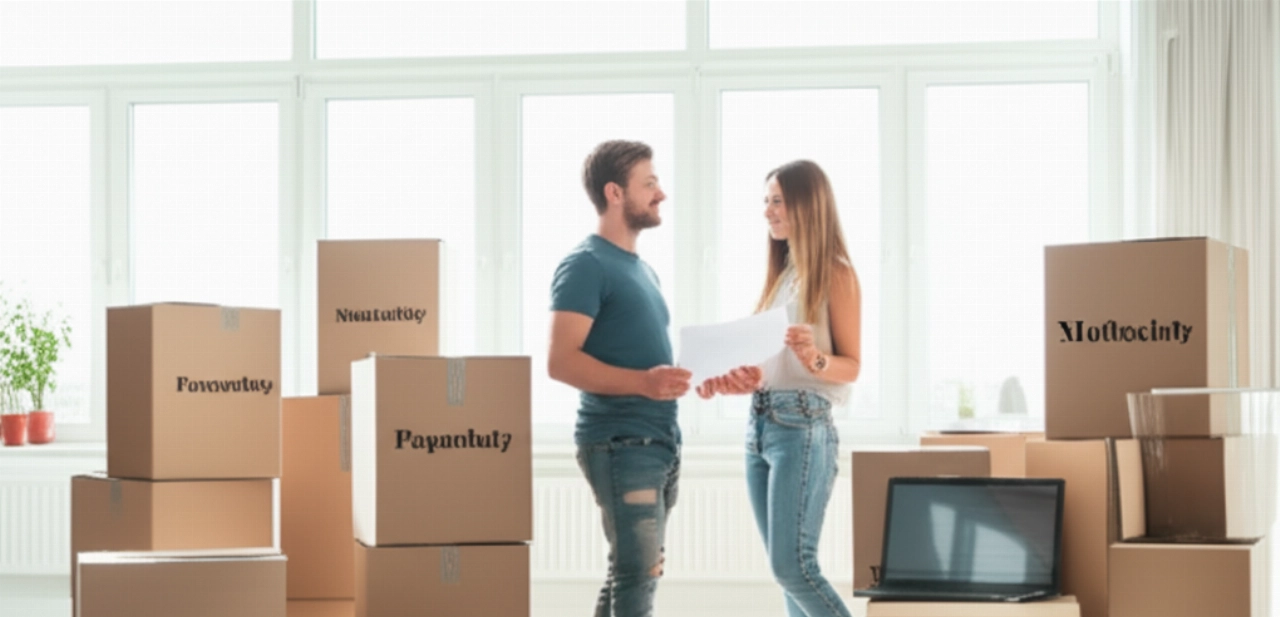 Pareja caucásica sonriente entre cajas de mudanza bien organizadas, que representa un comienzo de mudanza sin estrés.