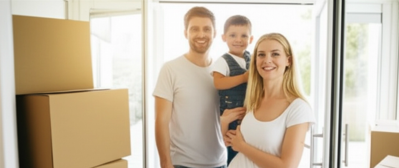 Familia caucásica feliz en la puerta de su nuevo hogar luminoso, con cajas de mudanza ordenadas, simbolizando una reubicación exitosa y sin estrés.