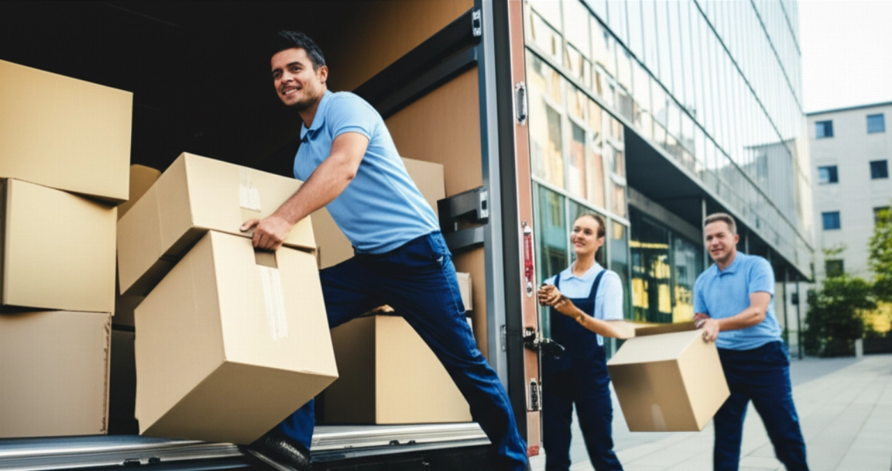 Dos mudanceros caucásicos descargan eficientemente cajas etiquetadas de un camión sin logo frente a un edificio moderno en una ciudad europea que recuerda a Basilea.