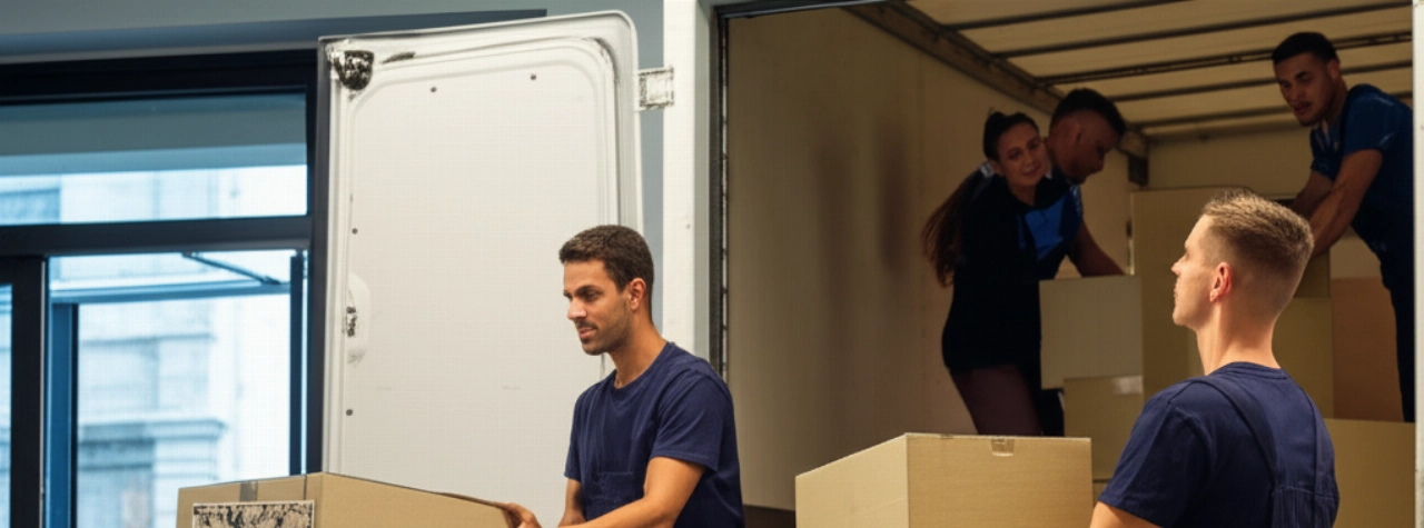 Equipo de mudanceros profesionales caucásicos cargando cajas en un camión, con un fondo que sugiere Roma y Bruselas.