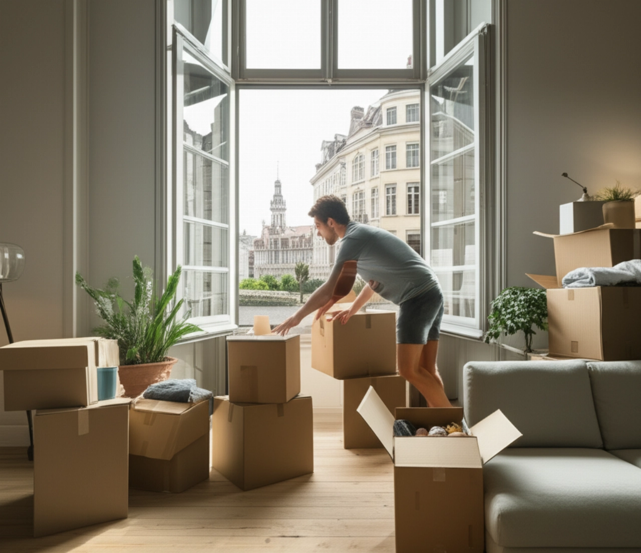 Persona caucásica desempacando cajas en una sala de estar moderna en Bruselas, con vista a la ciudad.