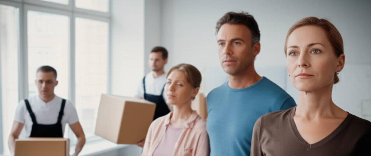 Una pareja caucásica feliz y aliviada observa a los mudanceros profesionales cargar cajas en un moderno y luminoso apartamento, simbolizando una mudanza sin estrés.