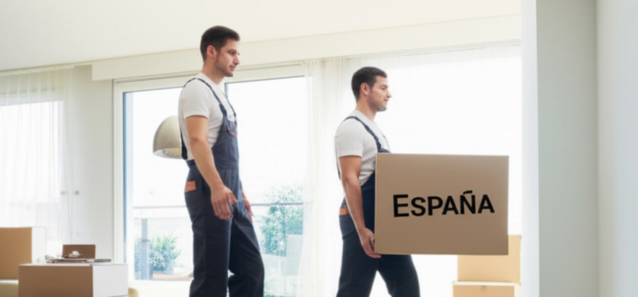 Dos mudanceros caucásicos profesionales transportando con cuidado una caja etiquetada "España" desde una sala de estar moderna.