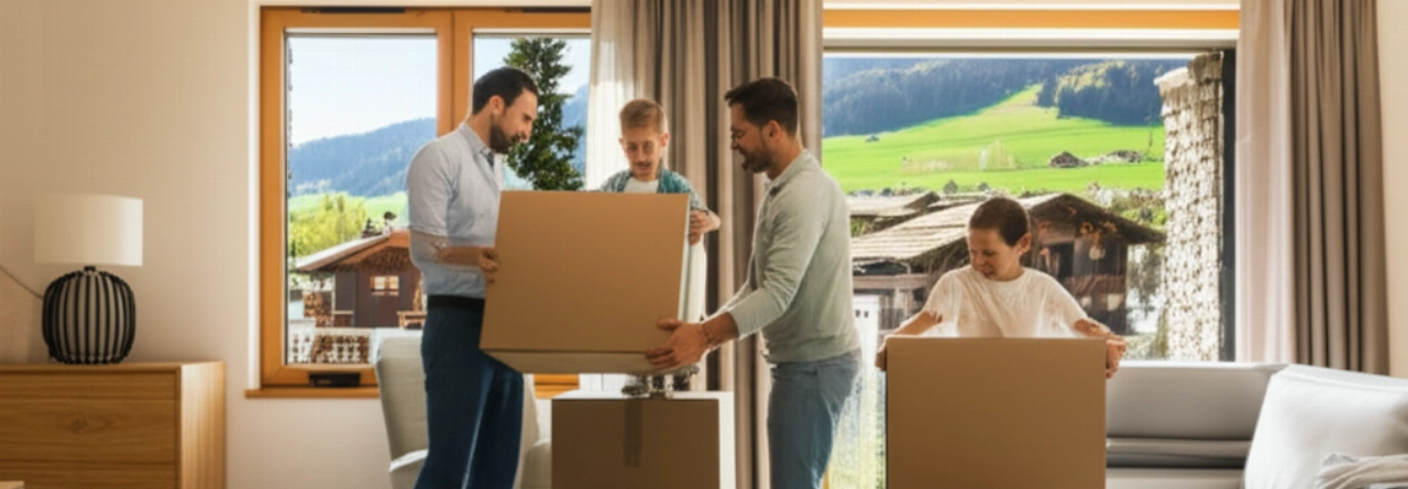 Familia caucásica feliz desempacando cajas en una luminosa sala de estar suiza, simbolizando un nuevo comienzo y la alegría del hogar.