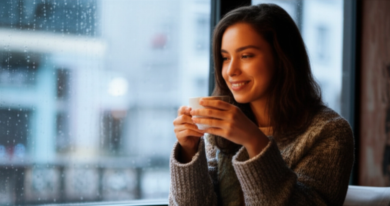 Mujer caucásica sonriente bebiendo café en una acogedora cafetería de Dublín, con lluvia fuera de la ventana.